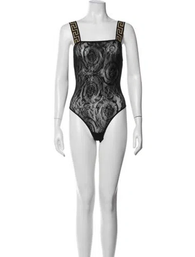 Pre-owned Versace Floral Print Square Neckline Bodysuit In Black