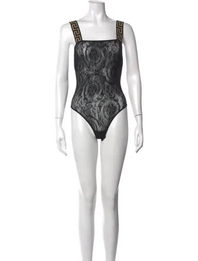 Pre-owned Versace Floral Print Square Neckline Bodysuit In Black