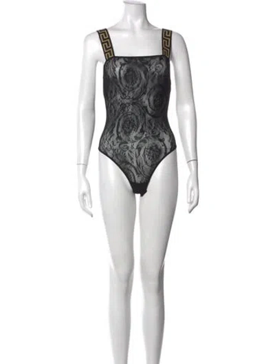 Pre-owned Versace Floral Print Square Neckline Bodysuit W/ Tags In Black