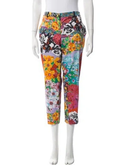Pre-owned Versace Floral Print Straight Leg Pants In Purple