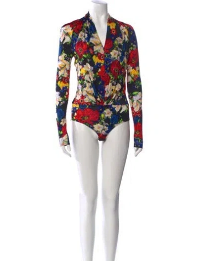 Pre-owned Versace Floral Print V-neck Bodysuit In Black