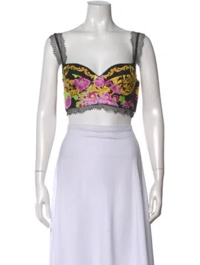 Pre-owned Versace Floral Print V-neck Crop Top In White
