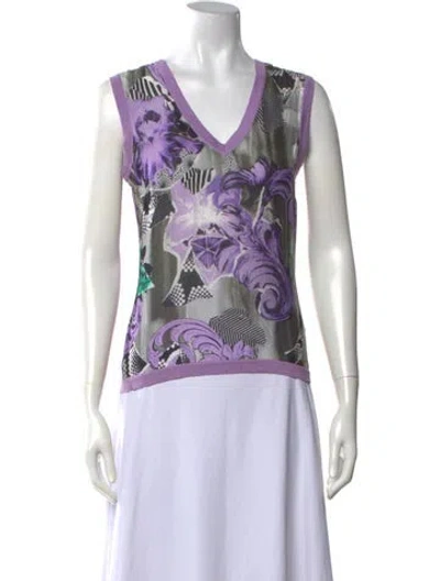 Pre-owned Versace Floral Print V-neck Sweater In Purple
