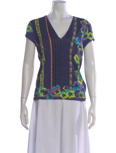 Pre-owned Versace Floral Print V-neck Top In Purple
