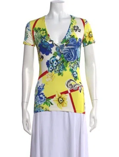 Pre-owned Versace Floral Print V-neck T-shirt W/ Tags In Multi