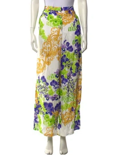 Pre-owned Versace Floral Print Wide Leg Pants W/ Tags In White