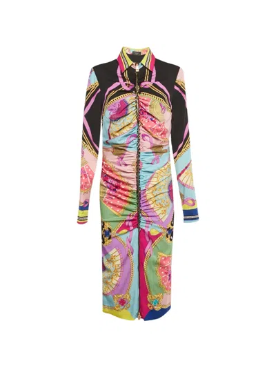 Pre-owned Versace Floral-print Zip-up Dress In Black