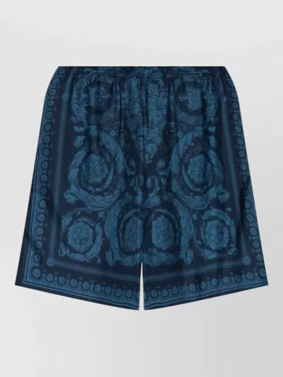 Versace Floral Silk Blend Shorts Elastic Waistband In Blue