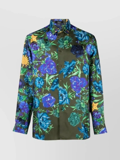 Versace Floral Silk Shirt In Khaki