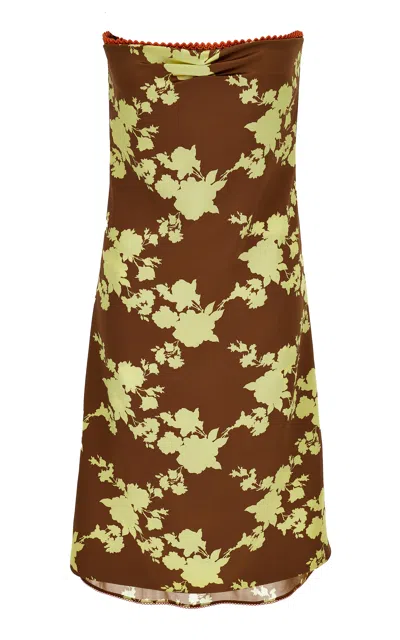 Versace Floral Strapless Silk Satin Knee-length Dress In Brown