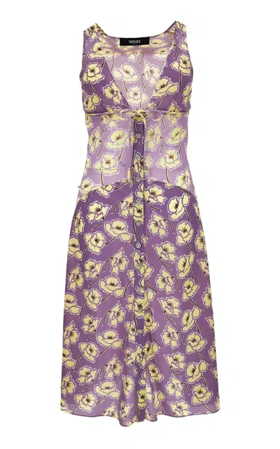 Versace Floral Stretch Silk Georgette Knee-length Dress In Purple