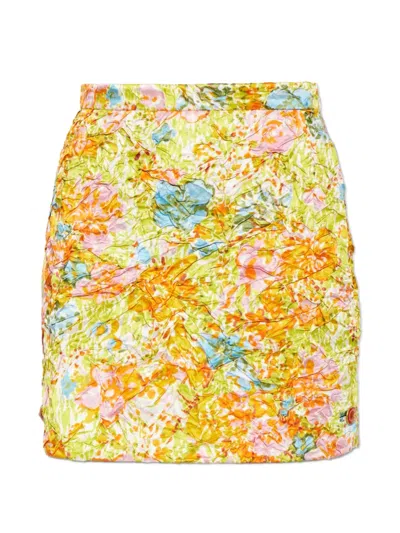 Versace Floral-print Crinkled Silk-duchesse Mini Skirt In Yellow