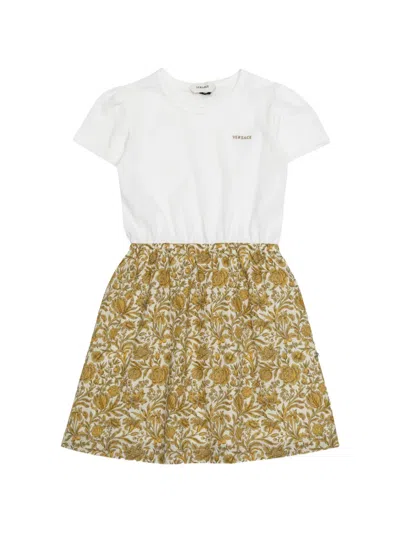 Versace Kids' Floral-print Logo-embroidered Dress In White