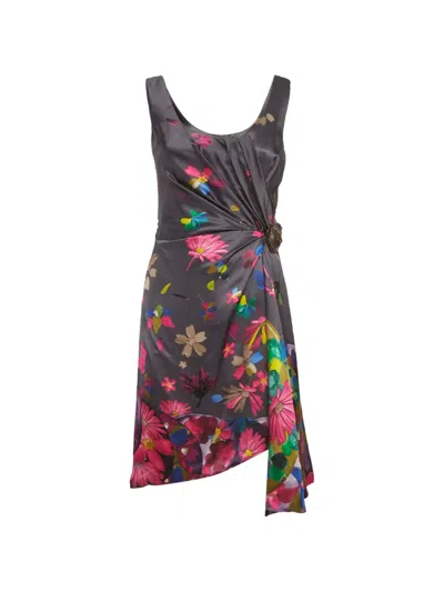 Pre-owned Versace Floral-print Mini Dress In Gray