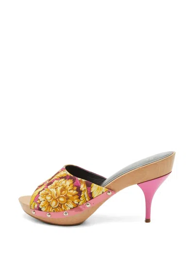 Pre-owned Versace Floral-print Platform Slip-on Clogs In Pink