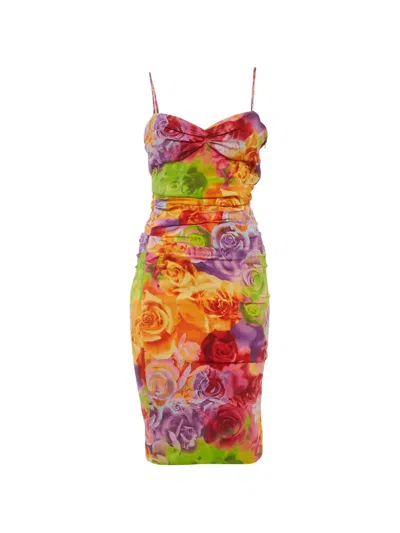 Pre-owned Versace Floral-print Ruched Dress In Orange