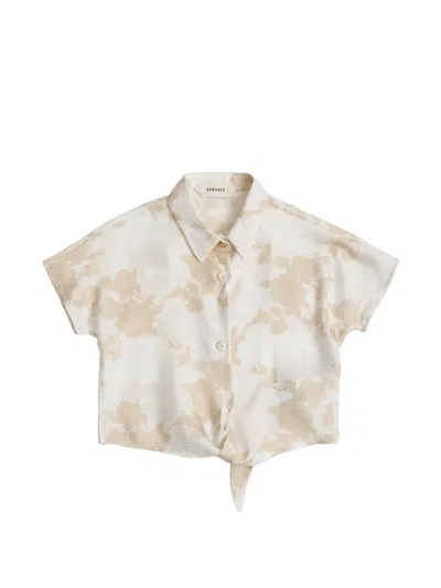 Versace Kids' Floral-print Tie-waist Shirt In White