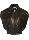 Versace Leather Jacket Structured Shoulders Ribbed Hem Pockets In Brown