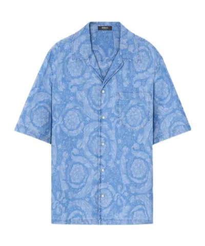 Versace Barocco Print Chambray Denim Shirt In Blue