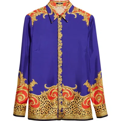 Versace Formal Cheetah Barocco Print Silk Button-up Shirt In Blue