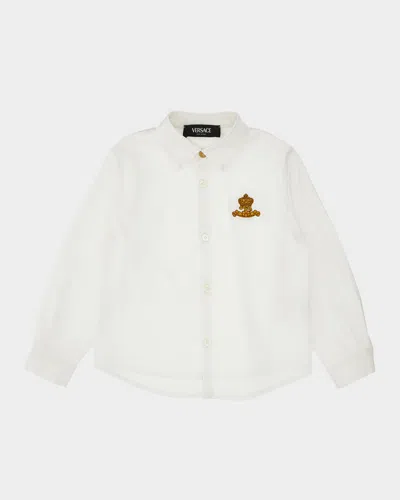 Versace Formal Shirt Oxford Cotton Popeline - Barocco Crown Kids Embroidery In White