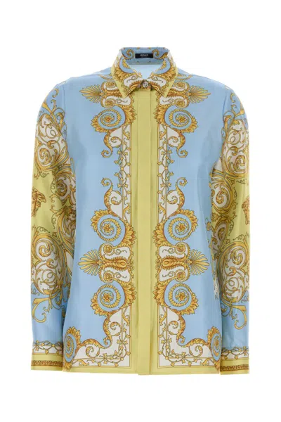 Versace Formal Shirt Silk Twill Print Spring Barocco Foula In Blue