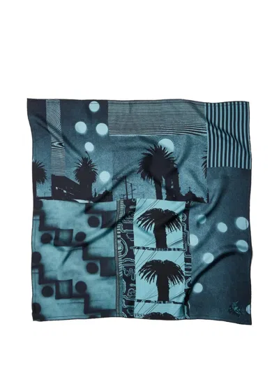 Versace Foulard 90x90 Silk Twill Bio Print Sunset Palms In Blue