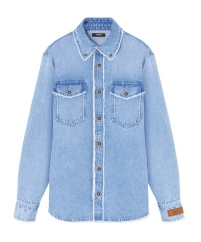 VERSACE VERSACE FRAYED BUTTONED DENIM OVERSHIRT