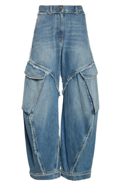Versace Frayed Raw Cut Wide Leg Cargo Jeans In Blue