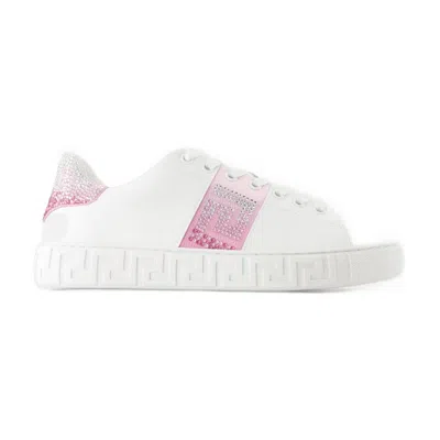 Versace Crystal Embellished Leather Low-top Sneakers In White
