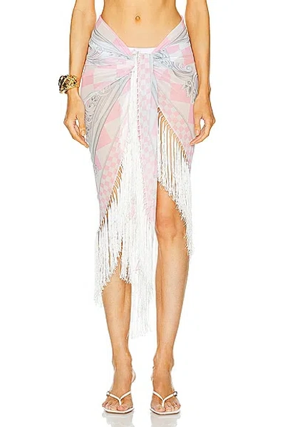 Versace Fringe Pareo In Pastel Pink  White  & Silver