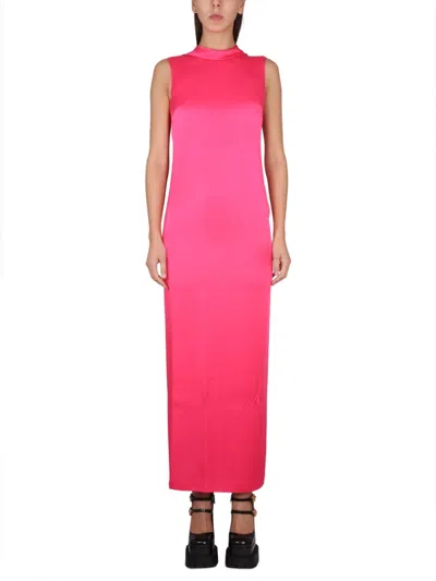 Versace Fuchsia Mock Collar Maxi Dress In Pink