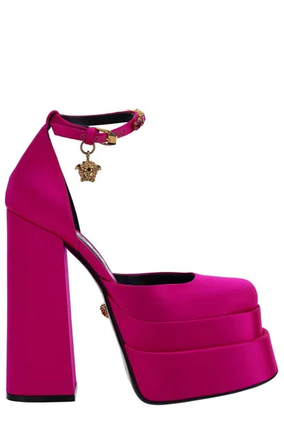 Versace Fuchsia Satin Medusa Aevitas Pumps In Multi