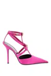 VERSACE FUCHSIA SILK-BLEND SATIN PUMPS WITH GIANNI RIBBON BOWS FOR WOMEN