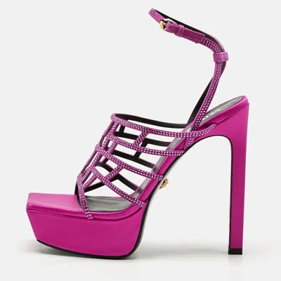 Versace Fuchsia Suede Greca Caged Platform Sandals In Pink