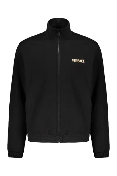 Versace Full Zip Cotton Hoodie In Black