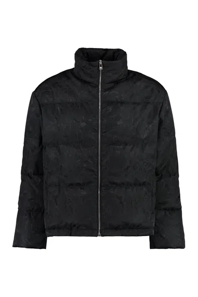 Versace Full Zip Down Jacket With All-over Pattern In Black