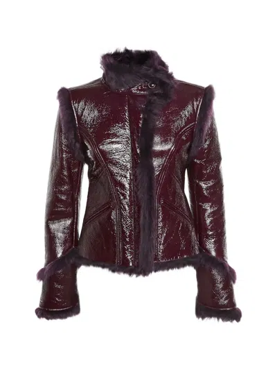 Pre-owned Versace Fur-trim Leather Jacket In Purple