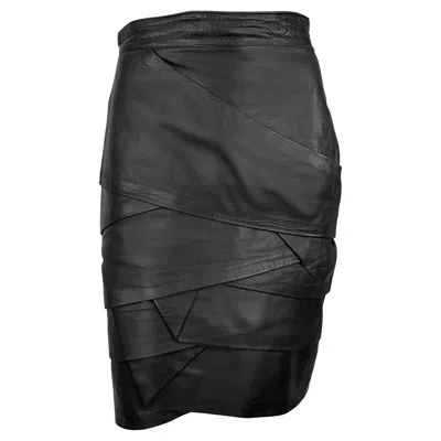 Pre-owned Versace F/w 1987 Gianni  Runway Black Leather Ribbon Tiered Pencil Skirt