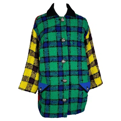 Pre-owned Versace F/w 1991 Gianni  Couture Green Yellow Oversized Plaid Tweed Coat
