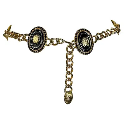 Pre-owned Versace F/w 1991 Gianni  Gold Tone Metal Black Rhinestone Roman Motif Chain Belt