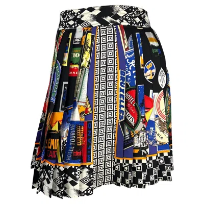 Pre-owned Versace F/w 1991 Gianni  Multi Color International Motif Pleated Mini Skirt In Black