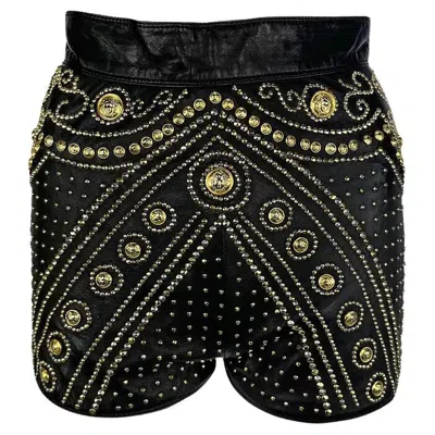 Pre-owned Versace F/w 1992 Atelier  Haute Couture Runway Medusa Studded Leather Shorts In Black