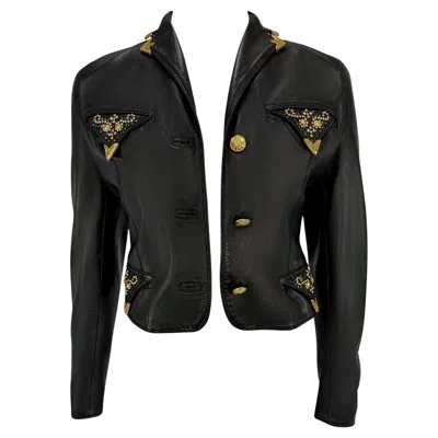 Pre-owned Versace F/w 1992 Gianni  Gold Studded Medusa Black Leather Cropped Jacket