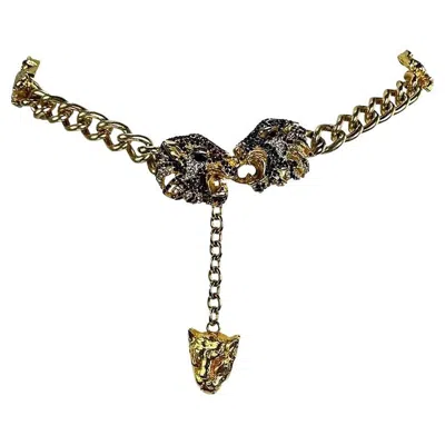 Pre-owned Versace F/w 1992 Gianni  Gold Tone Metal Rhinestone Jaguar Motif Chain Belt In Brown