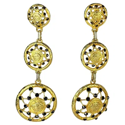 Pre-owned Versace F/w 1992 Gianni  Gold Tone Rhinestone Medusa Logo Drop Clip-on Earrings In Multi