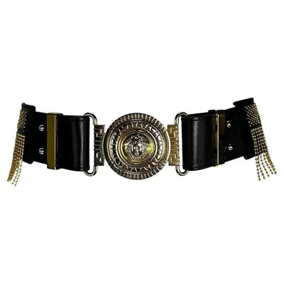 Pre-owned Versace F/w 1992 Gianni  "miss S&m" Medusa Bondage Gold Chain Fringe Large Belt In Black