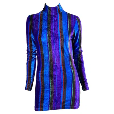 Pre-owned Versace F/w 1993 Gianni  Couture Blue Purple Green Red Stripe Velvet Mini Dress