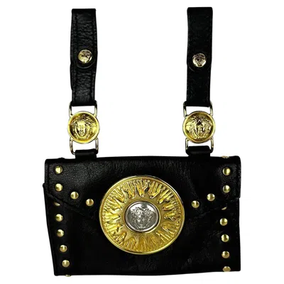 Pre-owned Versace F/w 1994 Gianni  Black Leather Gold Stud Medusa Sunburst Mini Belt Bag