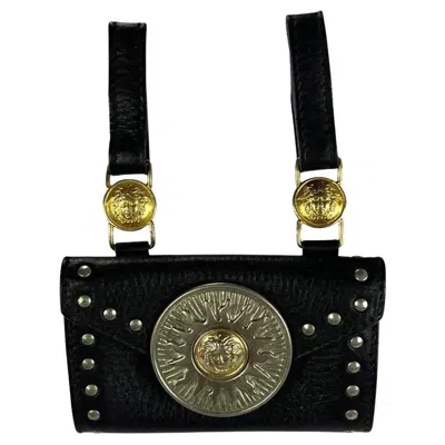 Pre-owned Versace F/w 1994 Gianni  Black Leather Gold-tone Medusa Medallion Belt Bag Pouch